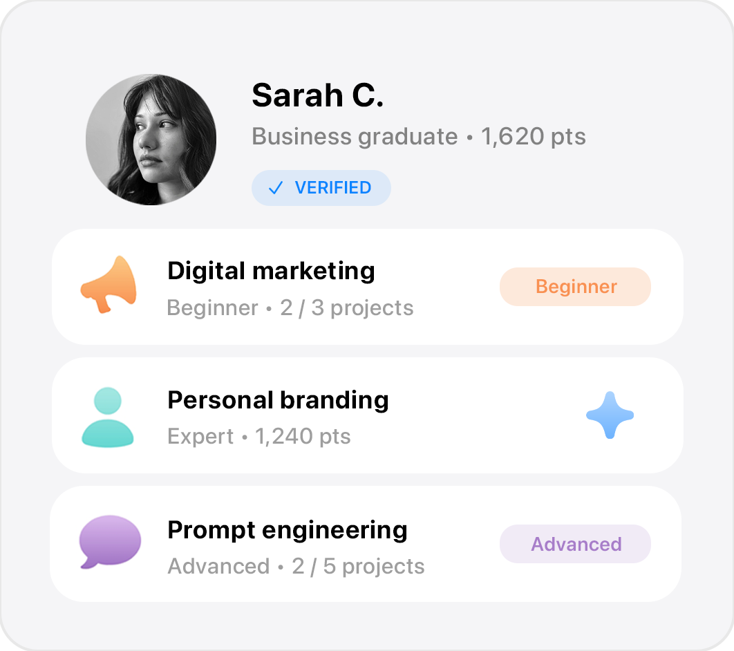 Sarah's verified profile with Digital marketing, Personal branding and Prompt engineering skills