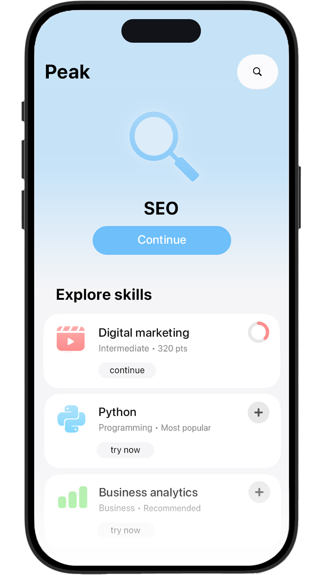 Peak app — home screen with skill discovery and Explore skills list