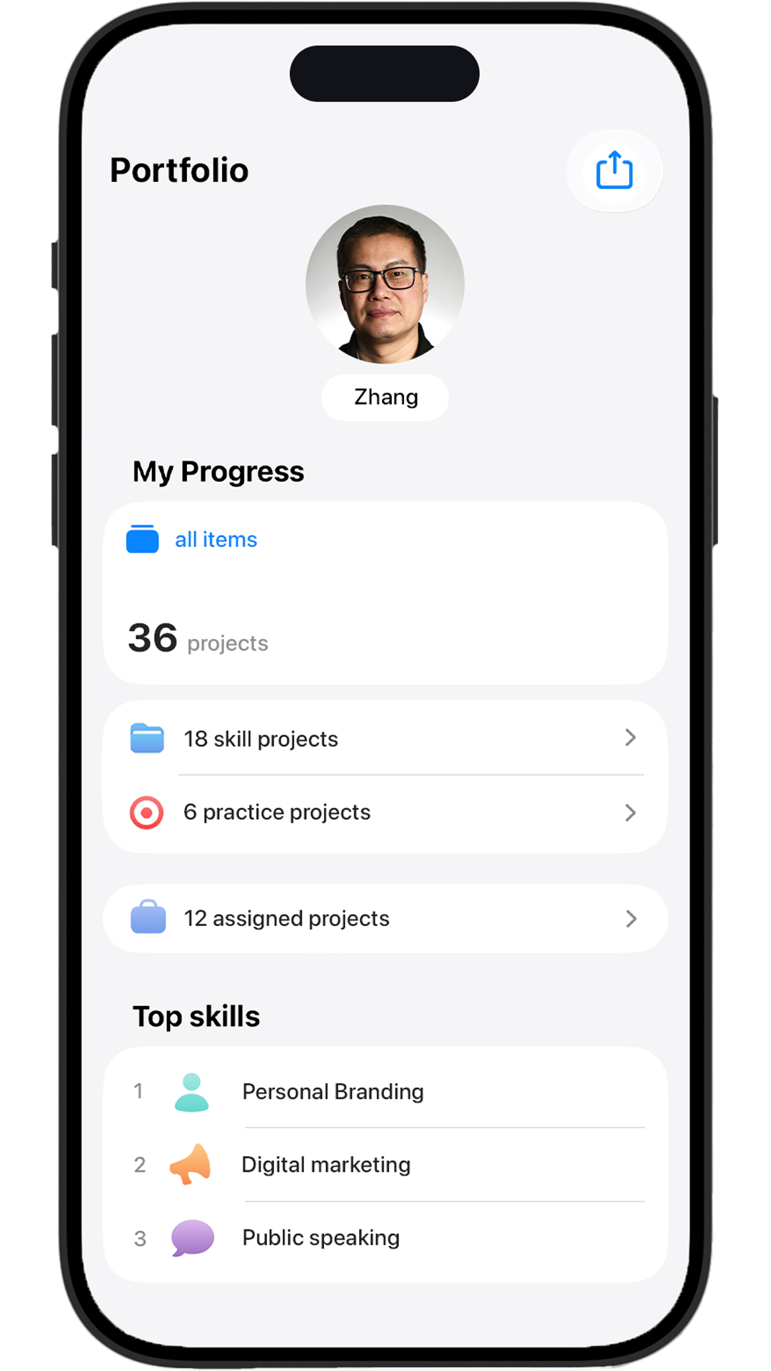 Peak app — portfolio screen showing My Progress, project counts, and Top skills
